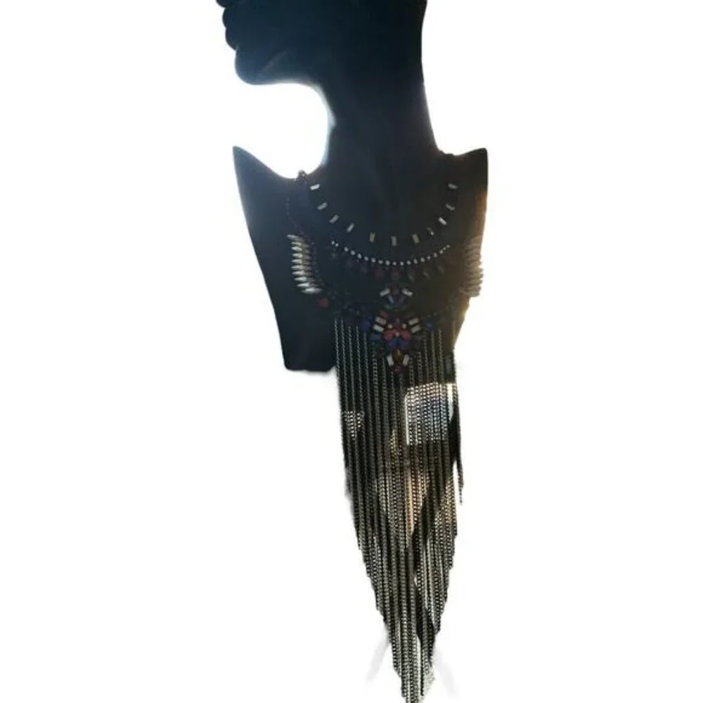 Bold Statement Multicolor Jewel & Chain Fringe Necklace - Picture 3 of 4